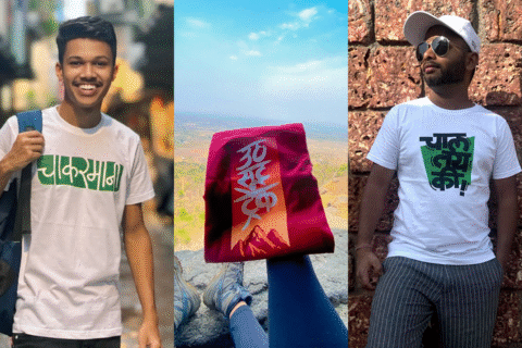 Youth wearing a Marathi slogan T-shirt in a modern urban streetwear setting