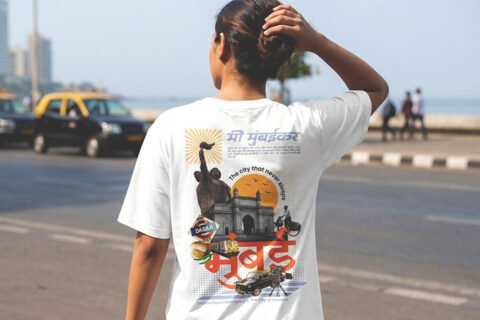 Youth wearing an oversized Marathi T-shirt in a modern street-style setting