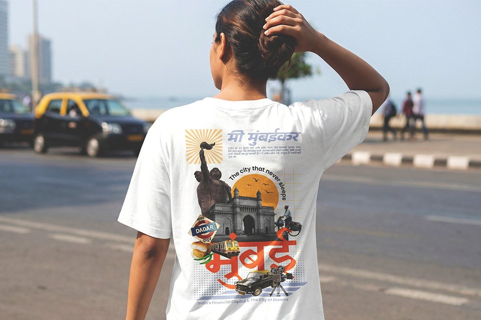 Youth wearing an oversized Marathi T-shirt in a modern street-style setting